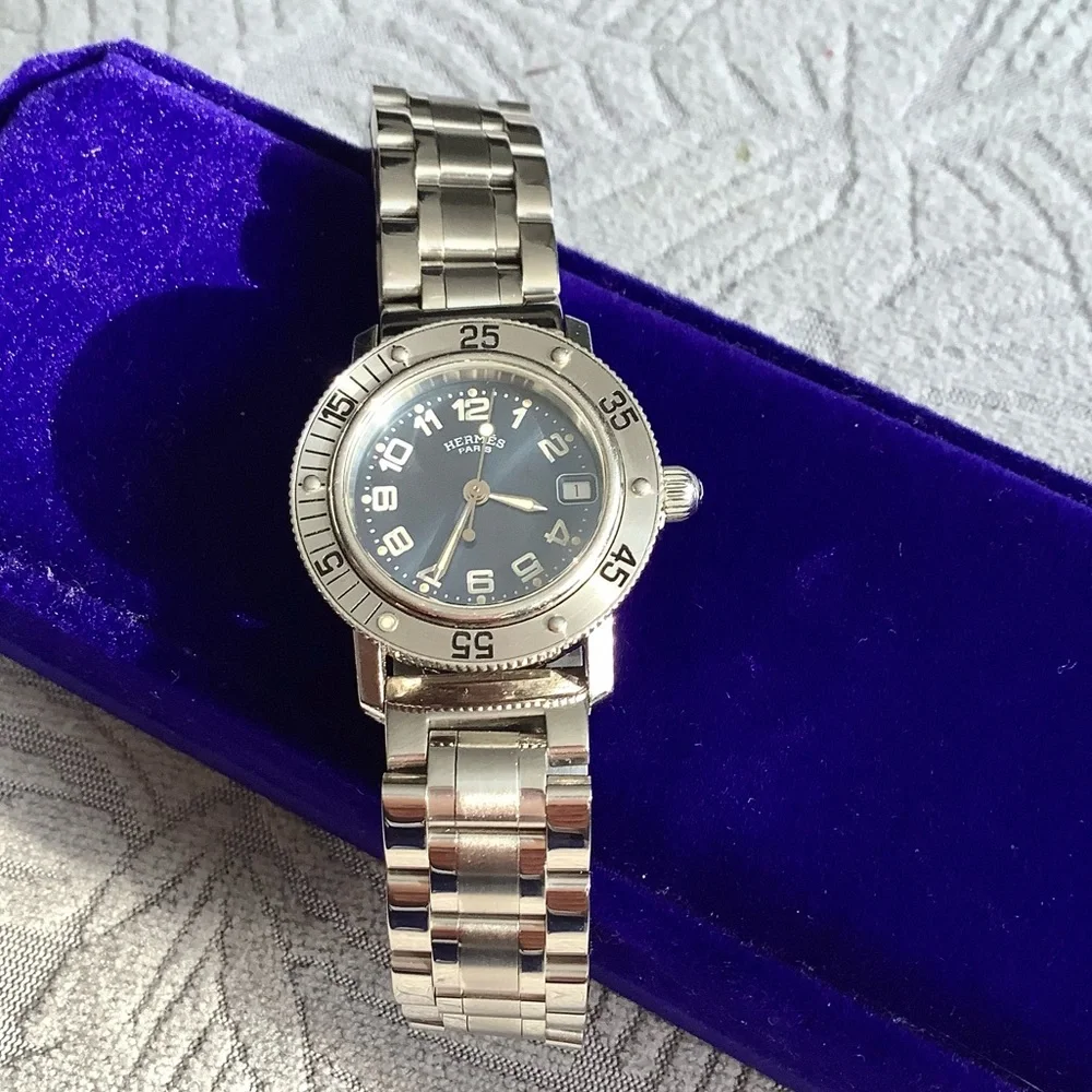 Hermes Silver Steel Bracelet Watch with Blue Dial